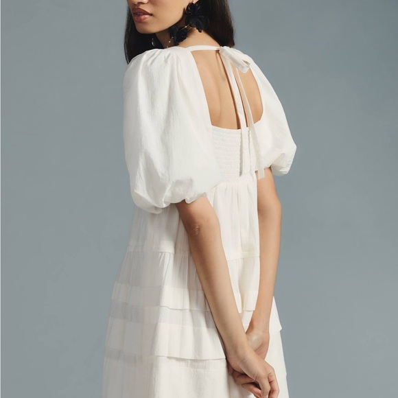 Anthropologie White Puff Sleeve Dress Women’s M Smocked Back Cottagecore tiered - Picture 6 of 10